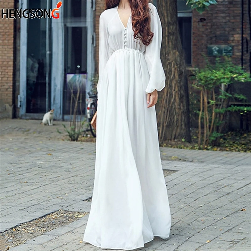 Sexy V-neck Long Sleeve Chiffon Dress Casual Bohemian White Long Dress Female Women Maxi Beach Dress
Sexy V-neck Long Sleeve Chiffon Dress Casual Bohemian White Long Dress Female Women Maxi Beach Dress