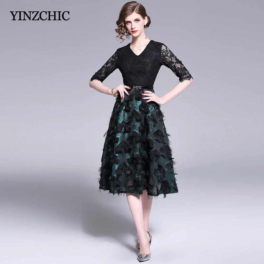 Elegant Ladies Party Dresses Lace Patched Tessel Female A-line Dresses Half Sleeve Summer Dresses Woman Slim V-neck Dress Spring
Elegant Ladies Party Dresses Lace Patched Tessel Female A-line Dresses Half Sleeve Summer Dresses Woman Slim V-neck Dress Spring