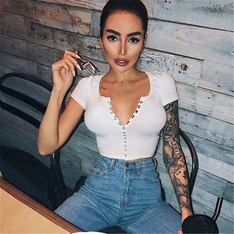Fashion Women Short Sleeve Crop Tanks Camis Ladies Tops Metal Nail Button Tops Vest Halter Casual White Tank Blouse Female Tops
Fashion Women Short Sleeve Crop Tanks Camis Ladies Tops Metal Nail Button Tops Vest Halter Casual White Tank Blouse Female Tops