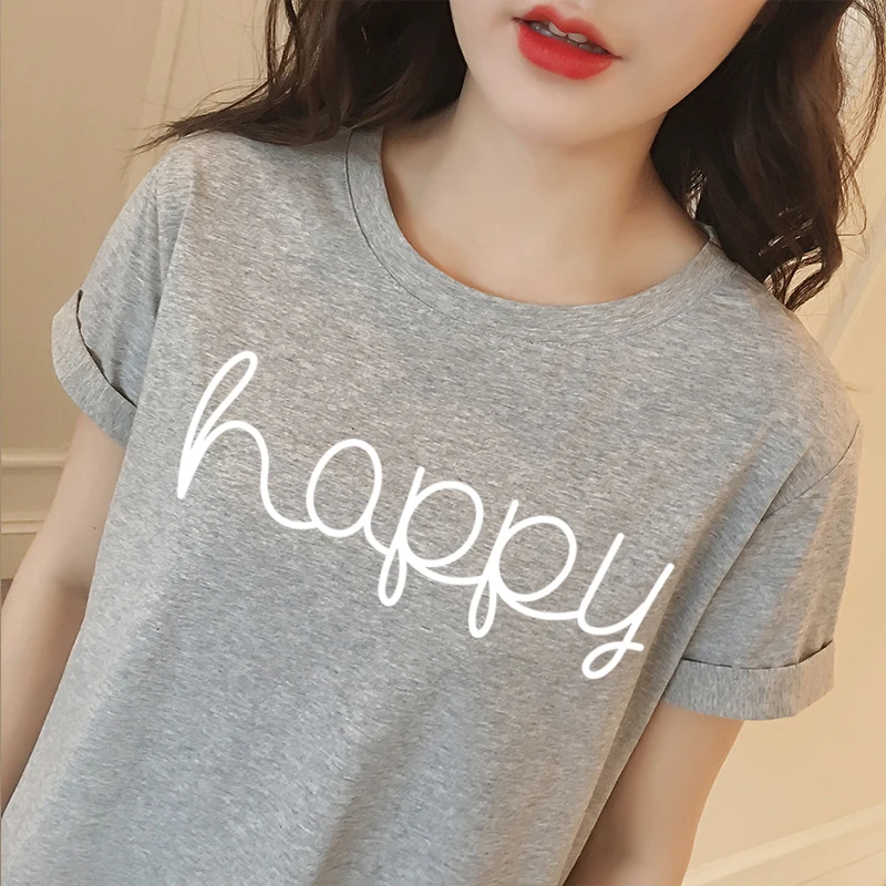Women-T-shirt-Summer-Korean-Style-Casual-Lady-Short-Sleeve-Top-Tee-Happy-Letter-Printing-Woman