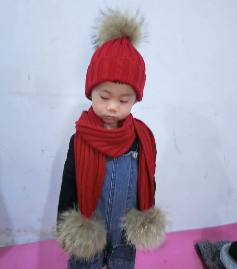FURANDOWN kids Winter Scarf Hat Sets Children Warm Thick Stretchy Knit Beanie Pom Pom Hat Fur Caps 15