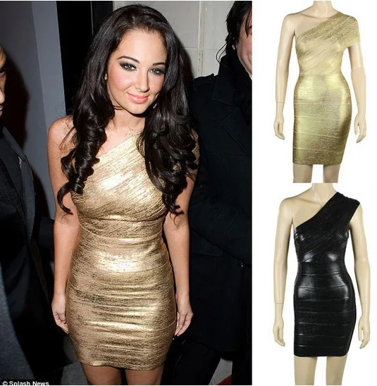 Best Quality Sexy Ladies One Shoulder Bandage Dress HL Dress Gold Foil Cocktail Party Dress
Best Quality Sexy Ladies One Shoulder Bandage Dress HL Dress Gold Foil Cocktail Party Dress
