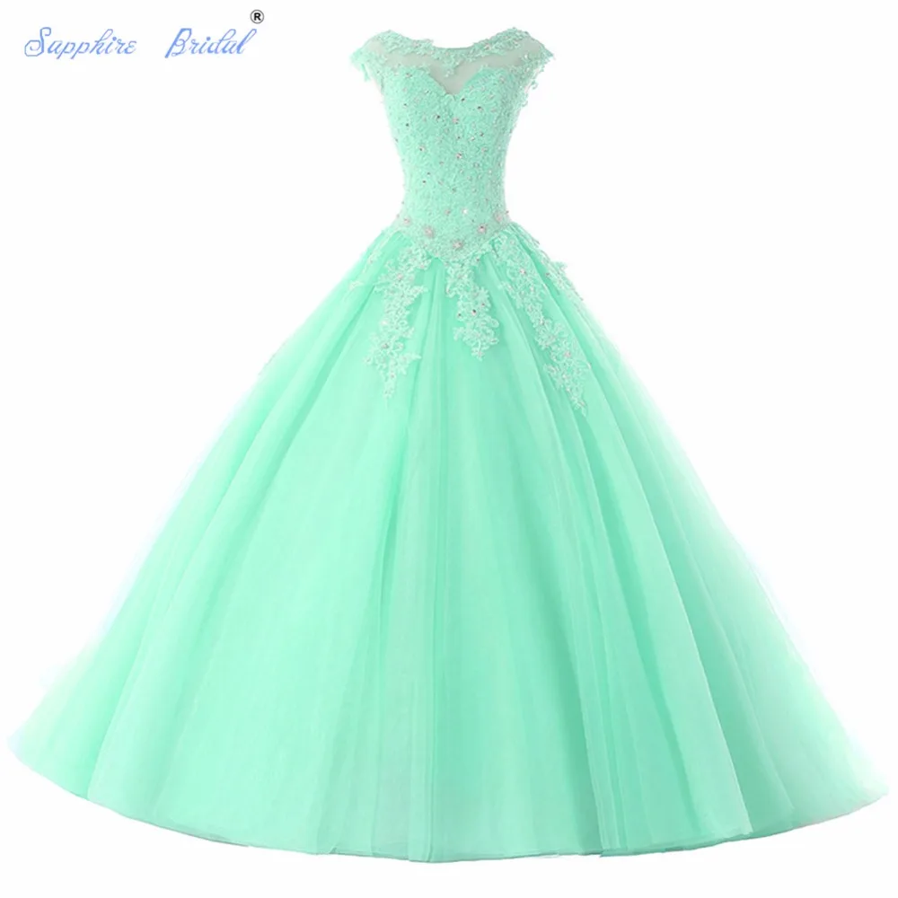 

Sapphire Bridal Long Party Gowns Vestido De 15 Anos De Cap Sleeve lace Open Back Lavender Turquoise Beading Quinceanera Dress