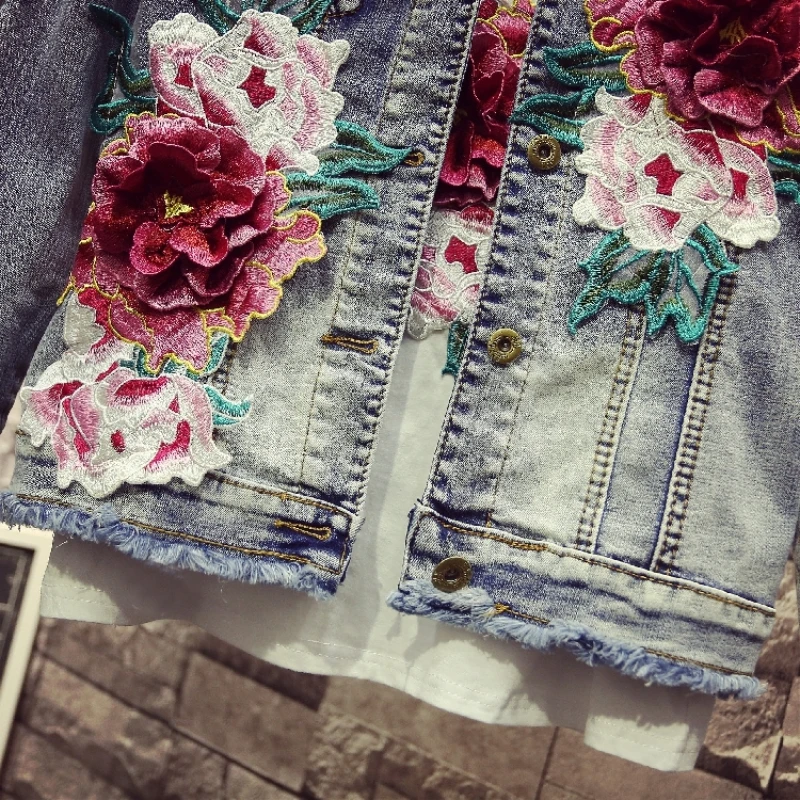 Женский джинсовый жилет с вышивкой рваная куртка цветочным принтом и дырками