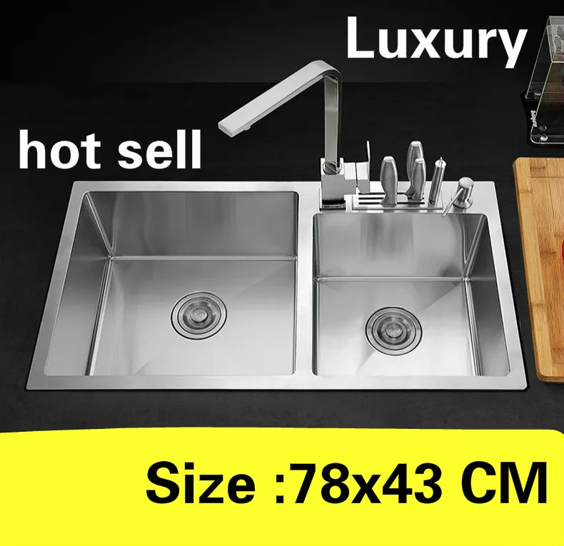 

Free shipping Household vogue kitchen manual sink double groove do the dishes 304 stainless steel hot sell 780x430 MM