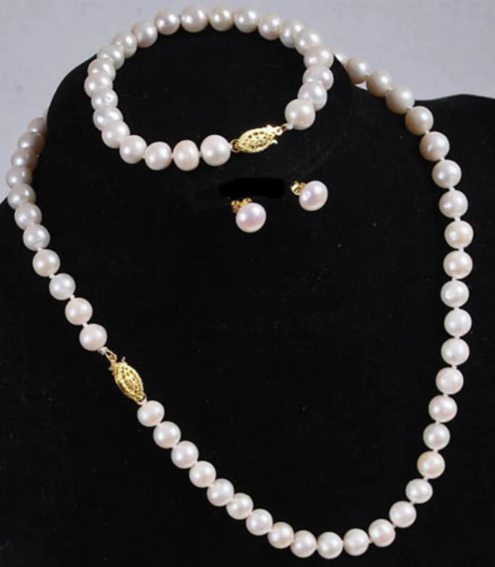 Natural 7-8MM White Akoya Cultured Pearl Necklace Bracelet Earring Set | Украшения и аксессуары