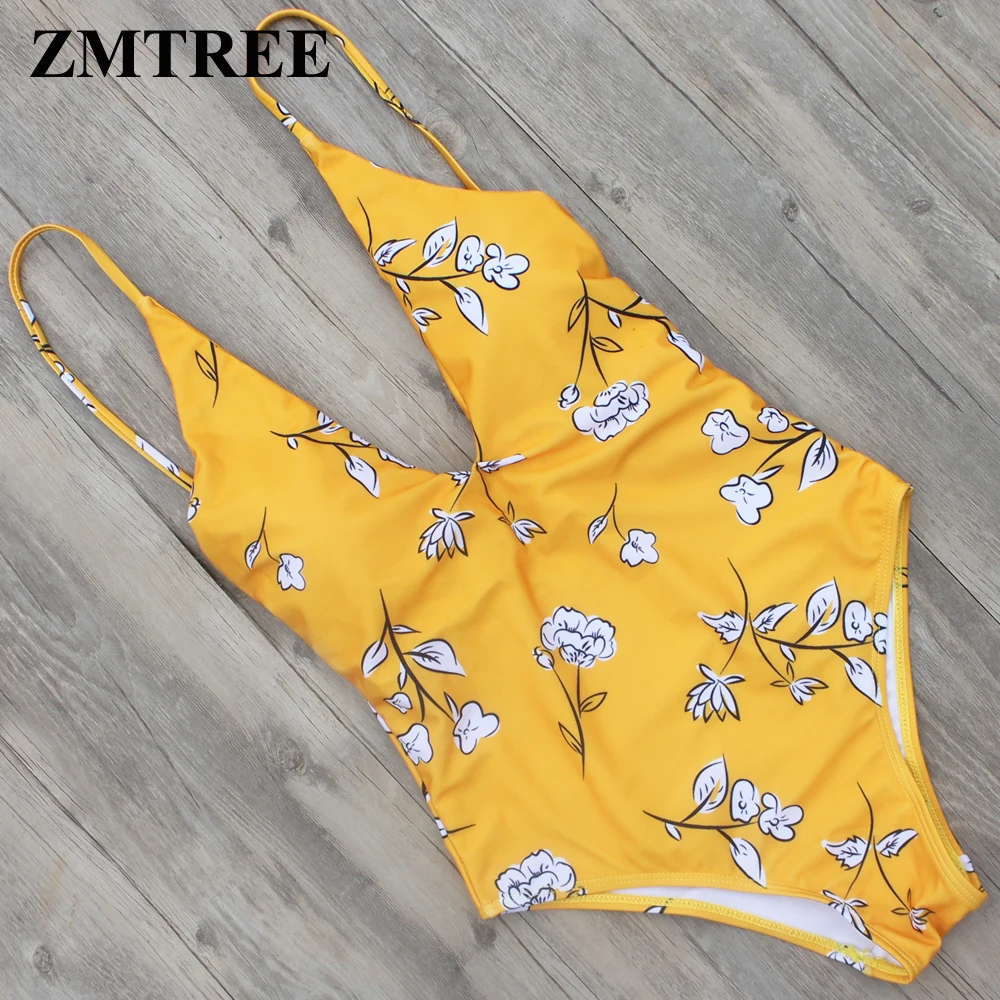 

ZMTREE 2017 Swimwear Halter Deep V One Piece Swimsuit Women Floral Backless Beach Bathing Suit Sexy Monokini Maillot De Bain