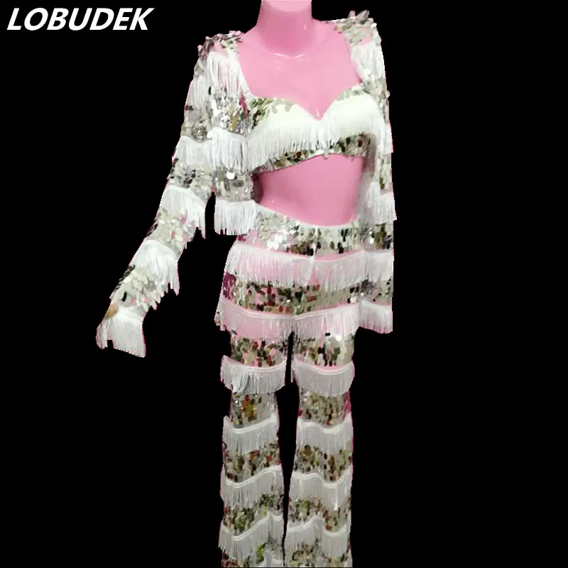 Silver Sequins White Tassels Bra Jacket Pant 3 Pieces Outfit Sexy Nightclub Women's Set DJ Singer Costume Female Party Sets
Silver Sequins White Tassels Bra Jacket Pant 3 Pieces Outfit Sexy Nightclub Women's Set DJ Singer Costume Female Party Sets
