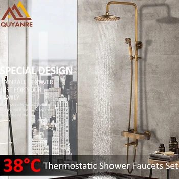

Quyanre Antique Brass Thermostatic Shower Faucets Set Brass Rainfall Shower Mixer Tap Swivel Tub Spout Bathroom Shower Faucet