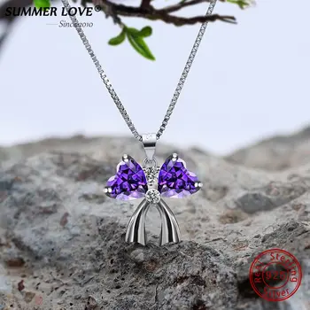 

Sales Real 925 Silver Purple Crystal Amethyst Pendant Necklace Lucky Bowknot Flower Gemstone Choker Fine jewelry For Women