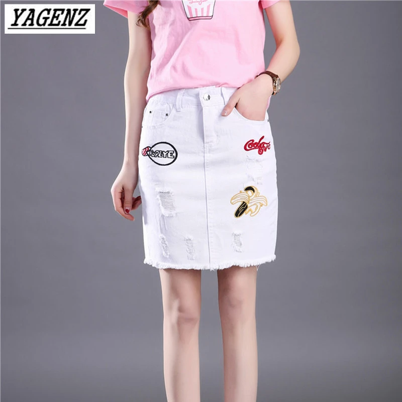 Image YAGENZ Female Denim Skirts 2017 NEW Summer Costume Fashion Sexy Hole White Embroidery Denim Skirt Plus Size Women Clothing K248