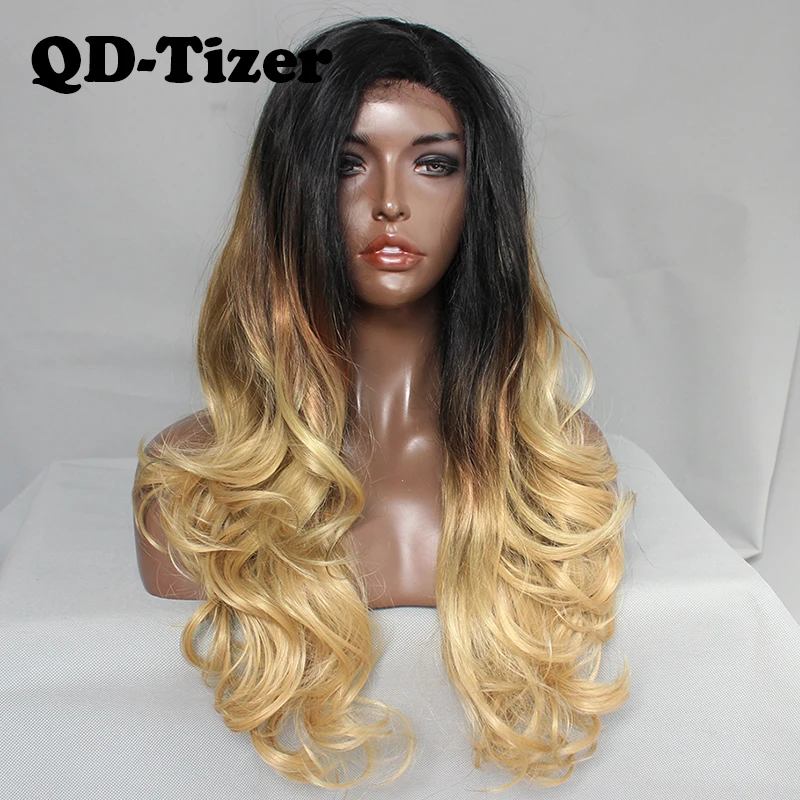 QD-Tizer 3 тона синтетический кружевной передний парик Омбре блонд с