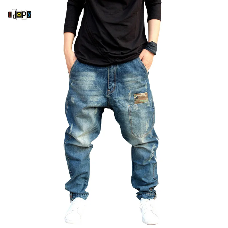 

Idopy Men`s Harem Jeans Hip Hop Street Style Cuffed Plus Size Vintage Scratched Distressed Baggy Skateboard Denim Pants