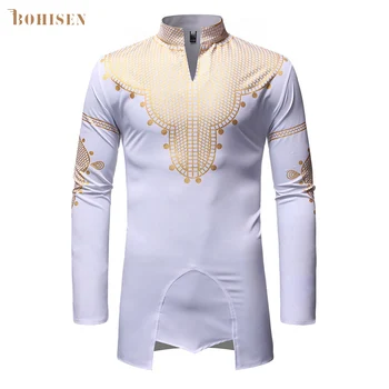 

BOHISEN African Tribal Dashiki Longline Shirt 2019 Brand New Long Sleeve Mandarin Collar Dress Shirt Men African Clothing Camisa