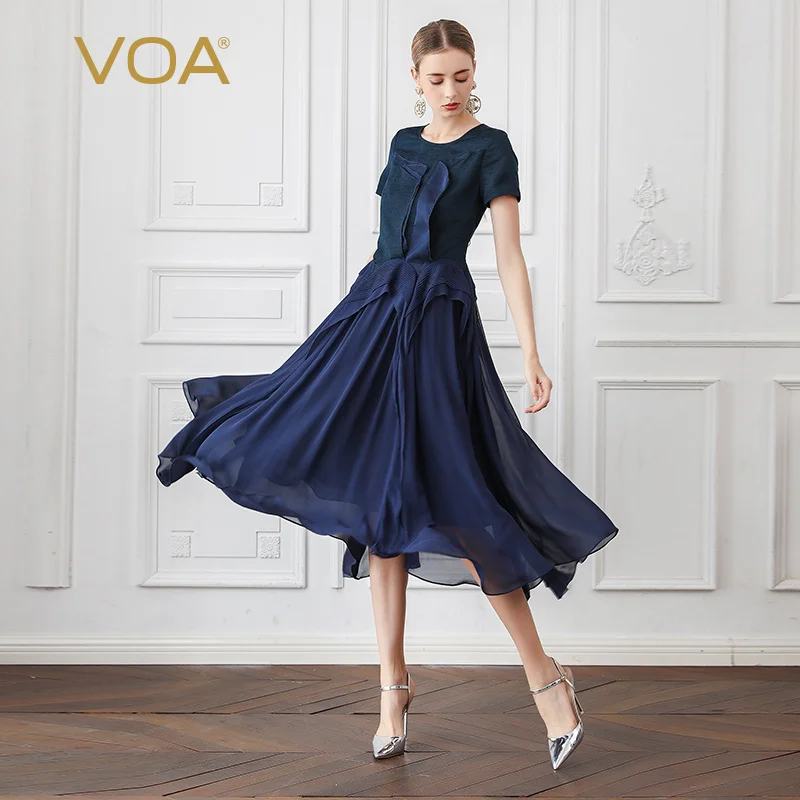 VOA Silk Georgette Swing Dresses Women Party Pleated Dress Summer Short Sleeve Navy Blue Elegant Tunic Luxury Large Size A985
VOA Silk Georgette Swing Dresses Women Party Pleated Dress Summer Short Sleeve Navy Blue Elegant Tunic Luxury Large Size A985