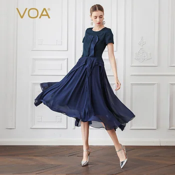 VOA Silk Georgette Swing Dresses Women Party Pleated Dress Summer Short Sleeve Navy Blue Elegant Tunic Luxury Large Size A985 
VOA Silk Georgette Swing Dresses Women Party Pleated Dress Summer Short Sleeve Navy Blue Elegant Tunic Luxury Large Size A985