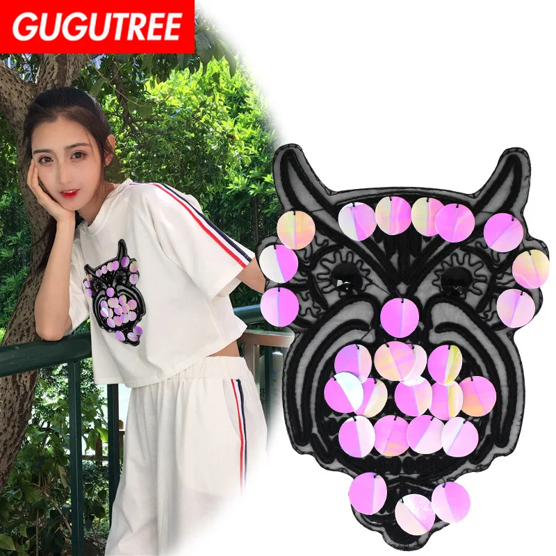 

GUGUTREE embroidery Sequins big owl patches bird patches badges applique patches for clothing XC-249