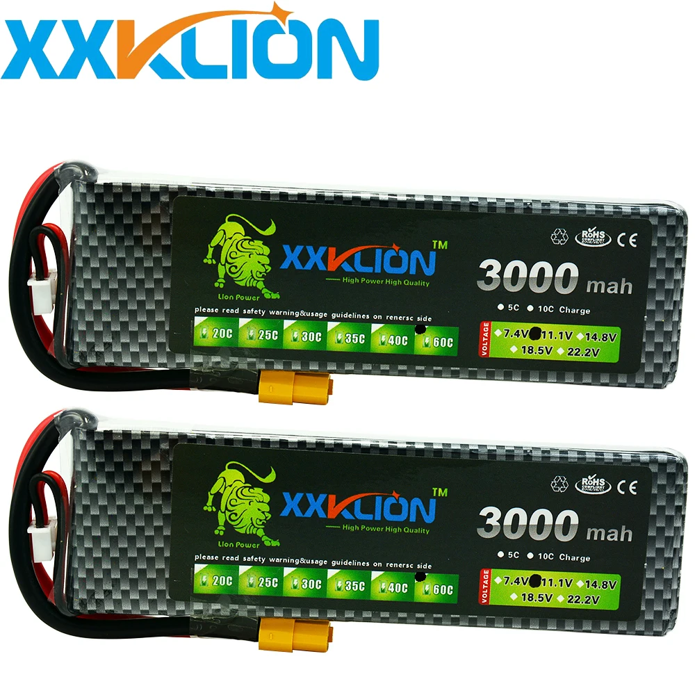 2PCS XXKLION RC Lipo Battery 3S 11.1v 3000mAh 40C 60C For RC Aircraft Helicopter Car Boat Drones Quadcopter Li-Polymer Battery
2PCS XXKLION RC Lipo Battery 3S 11.1v 3000mAh 40C 60C For RC Aircraft Helicopter Car Boat Drones Quadcopter Li-Polymer Battery