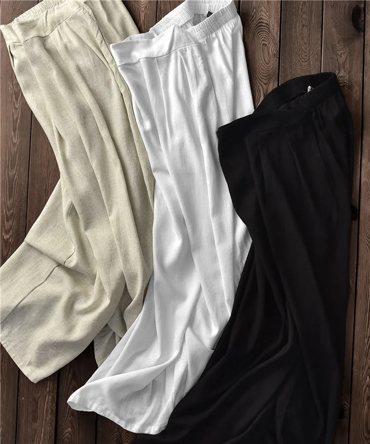 LZJN 2019 Spring Summer Culottes Pants Vintage Cotton Linen Pants Loose Full Length Trousers Women Wide Leg Pants White 3 Colors (12)