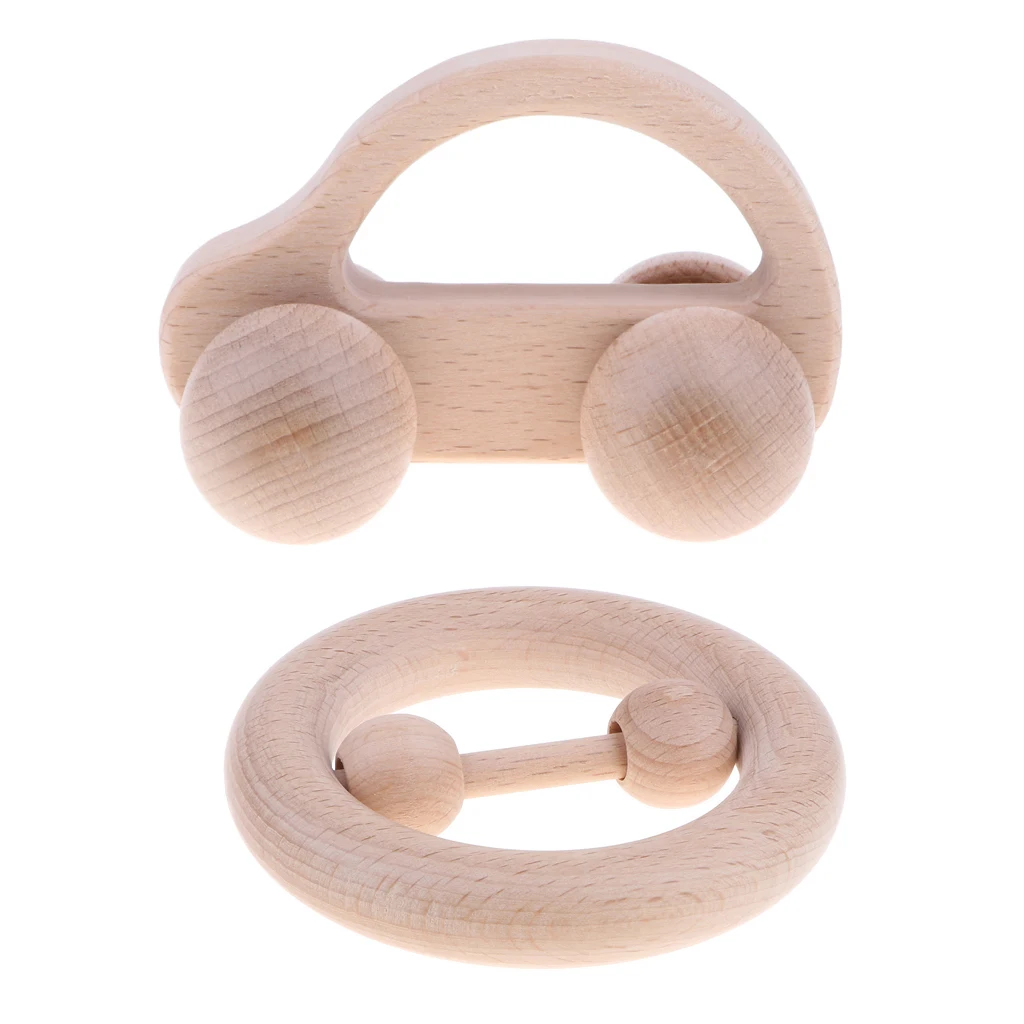2 PCS Wooden Rattle Educational Grasping Montessori Developmental Toy Car + Ring