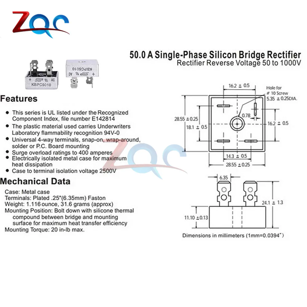 10pcs KBPC5010 50A 1000V Single Phase Diode Full Bridge Rectifiers High-Power Metal Case Current Conversion Module