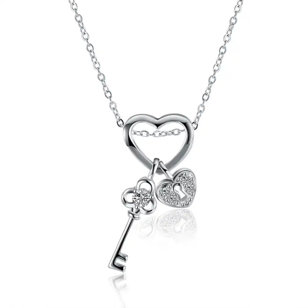 sweet design silver color key heart pendant necklace with zircon
