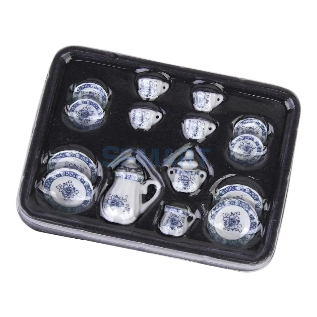 MagiDeal 15Pcs Dollhouse Miniature Dining Ware Blue Porcelain Tea Coffee Set Dish Cup Plate Furniture Decor Pretend Play Toys