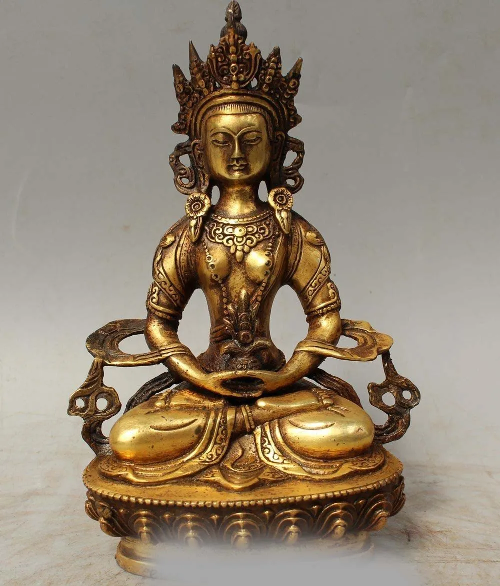 

8" Tibet Buddhism Bronze Gilt Seat Amitayus longevity God Goddess Buddha Statue