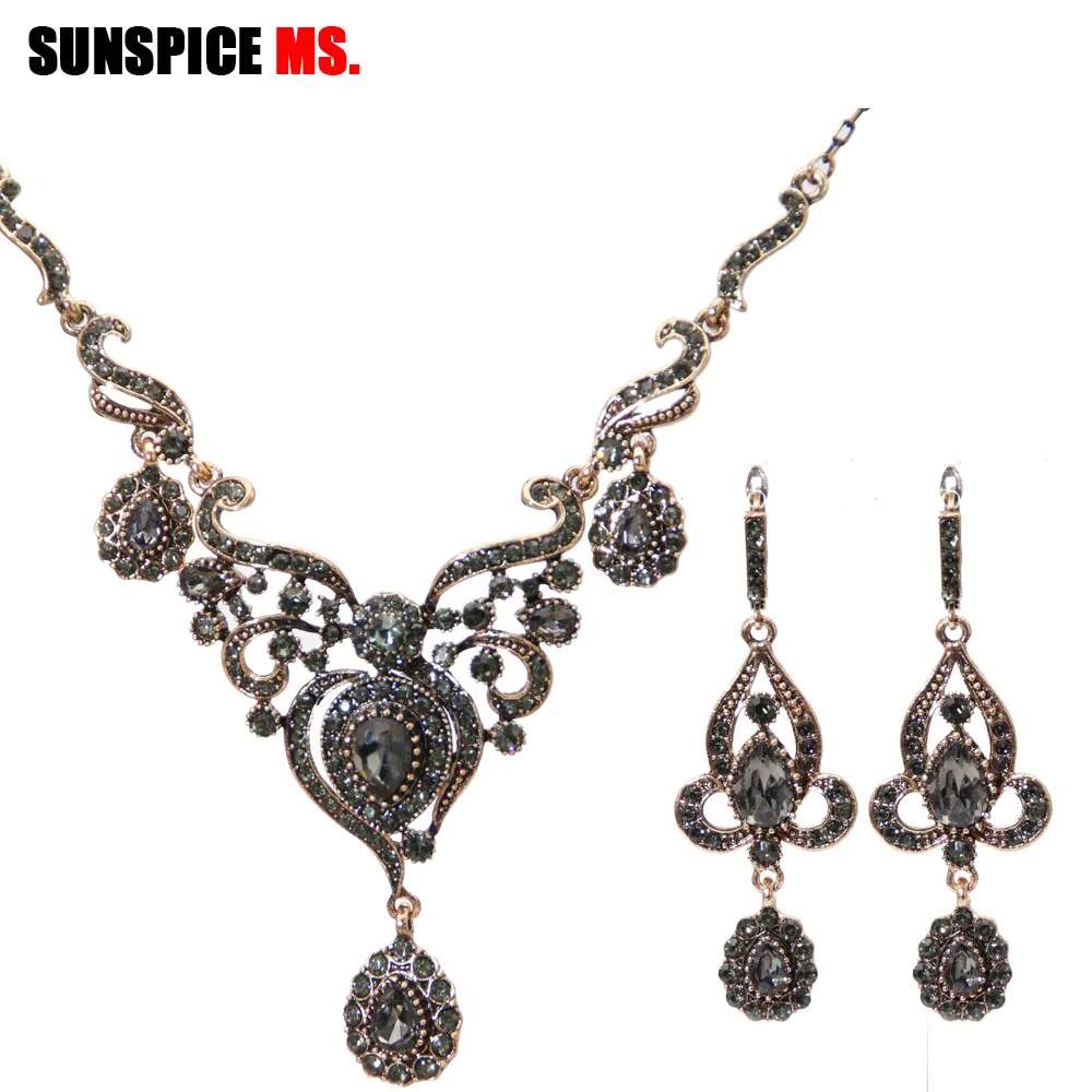 

SUNSPICE MS retro gold color turkish gray rhinestone flower earring necklace sets for women wedding engagement jewelry sets 2019