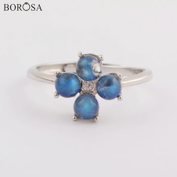

BOROSA 3/5PCS 92.5% Pure Silver Four Round Natural Labradorite Rings with CZ Micro Paved Adjustable Ring Size 6~7 Rings WX1167