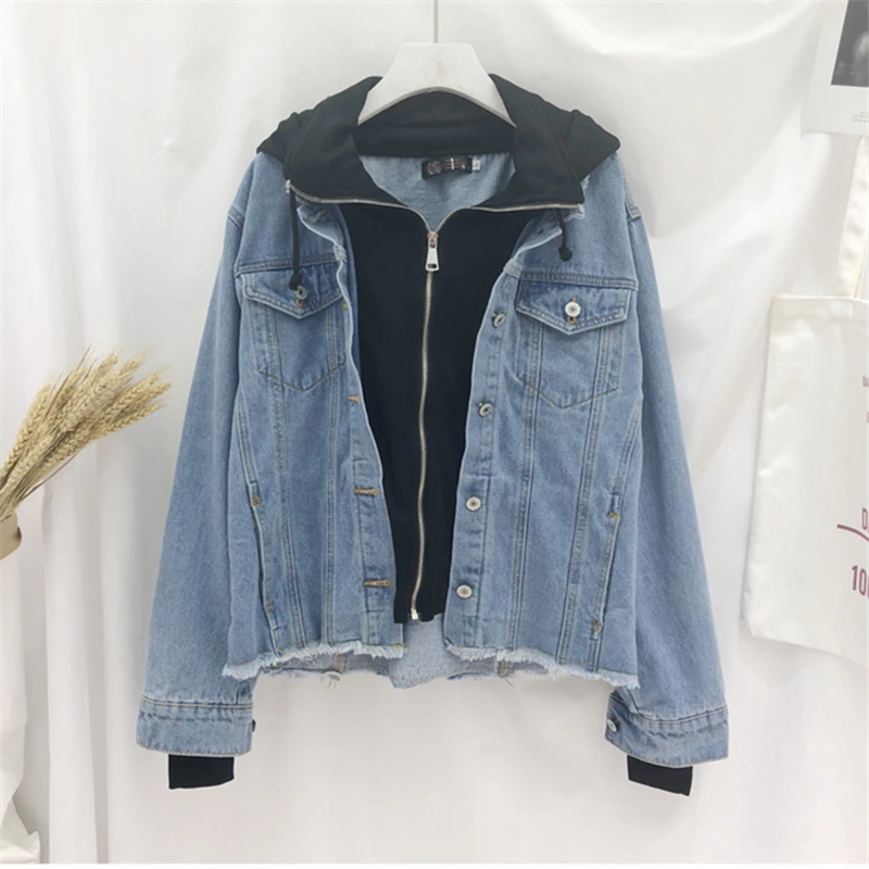 2018 Fashion High quality spring and Autumn New Loose Personality BF Wind Fake Two Piece Mosaic Hooded Denim Jacket Female H022 
2018 Fashion High quality spring and Autumn New Loose Personality BF Wind Fake Two Piece Mosaic Hooded Denim Jacket Female H022