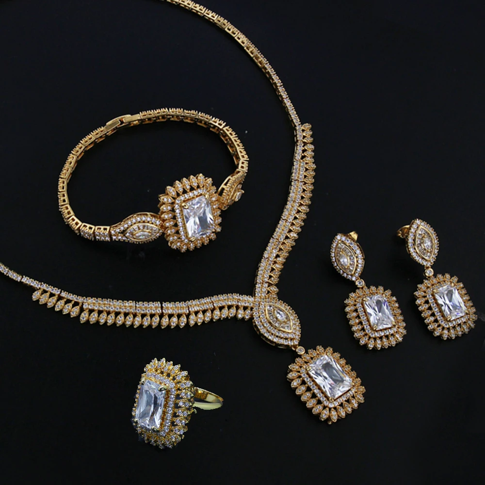 Luxury 4pcs jewelry set for party Necklace Earrings Bracelet ring Big square CZ crystal Gold color large jewelry sets
Luxury 4pcs jewelry set for party Necklace Earrings Bracelet ring Big square CZ crystal Gold color large jewelry sets