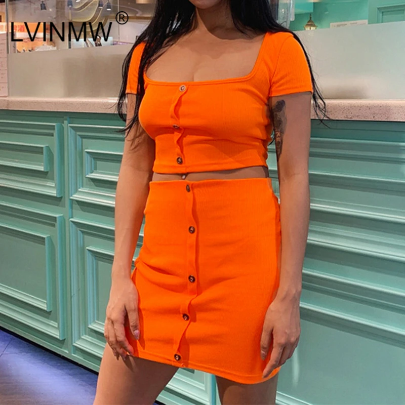 LVINMW Solid knitted Two Piece Set Square collar Button Short Sleeve Crop Top High Waist Slim Mini Skirt Female Party Outfits
LVINMW Solid knitted Two Piece Set Square collar Button Short Sleeve Crop Top High Waist Slim Mini Skirt Female Party Outfits