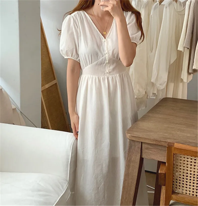 Women Summer Long Dress Elegant Slightly Transparent Puff Sleeve Sexy V Neck Vintage Korean Chic Casual Beach Maxi Long Vestidos
Women Summer Long Dress Elegant Slightly Transparent Puff Sleeve Sexy V Neck Vintage Korean Chic Casual Beach Maxi Long Vestidos