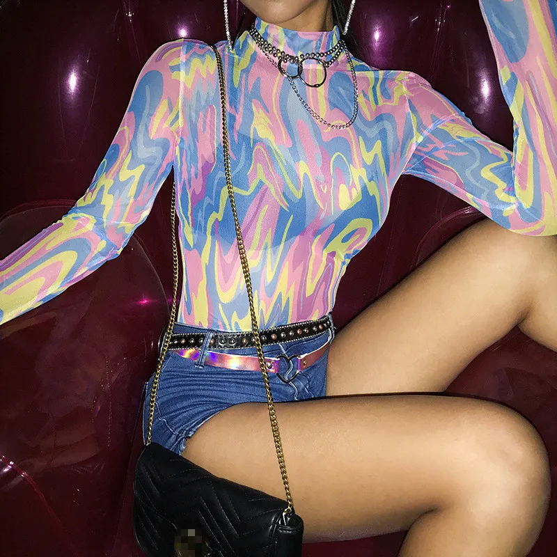 High Neck Mesh See-through Sexy Bodysuit Long Sleeve Colorful Print Bodycon Autumn Women Fahsion Body
High Neck Mesh See-through Sexy Bodysuit Long Sleeve Colorful Print Bodycon Autumn Women Fahsion Body