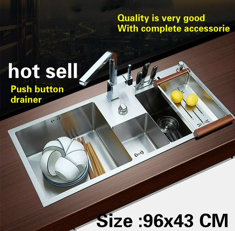 

Free shipping Household luxury push button drainer kitchen manual sink double groove 304 stainless steel hot sell big 96x43 CM