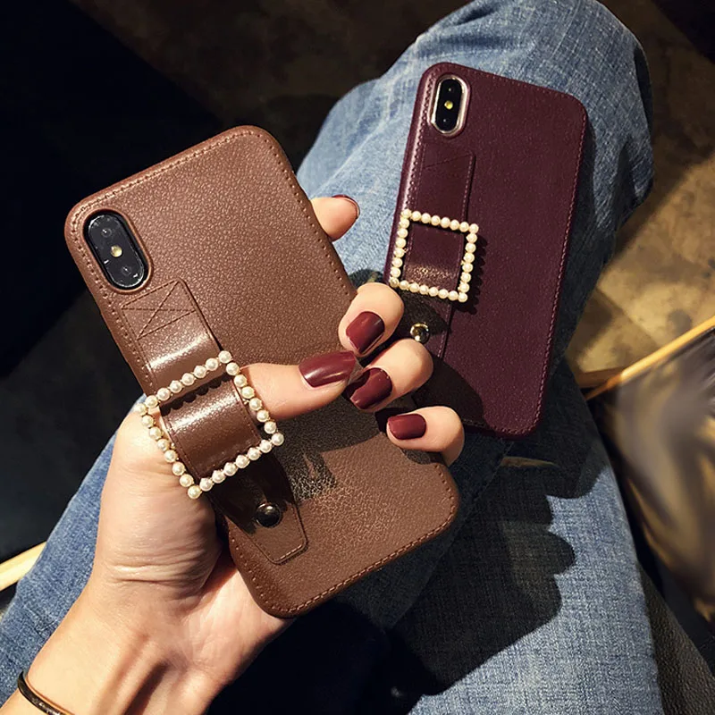 Kuutti Squishy Luxury Women Phone Cases Brown Black Wrist Finger Band Fashion Covers for iPhone 6 6s 7 8 Plus X XR XS Max |