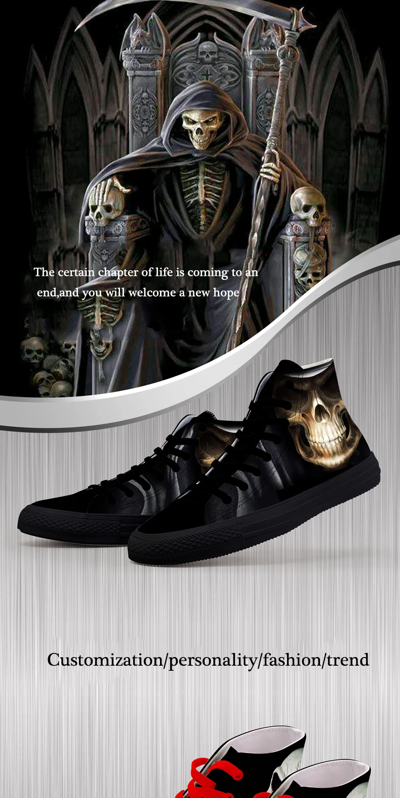 FIRST DANCE Casual Black Punk Skull High Top Shoes Men Classic High Canvas Shoes Fashion 3D Street Nice Printed Casual Shoes Men 3