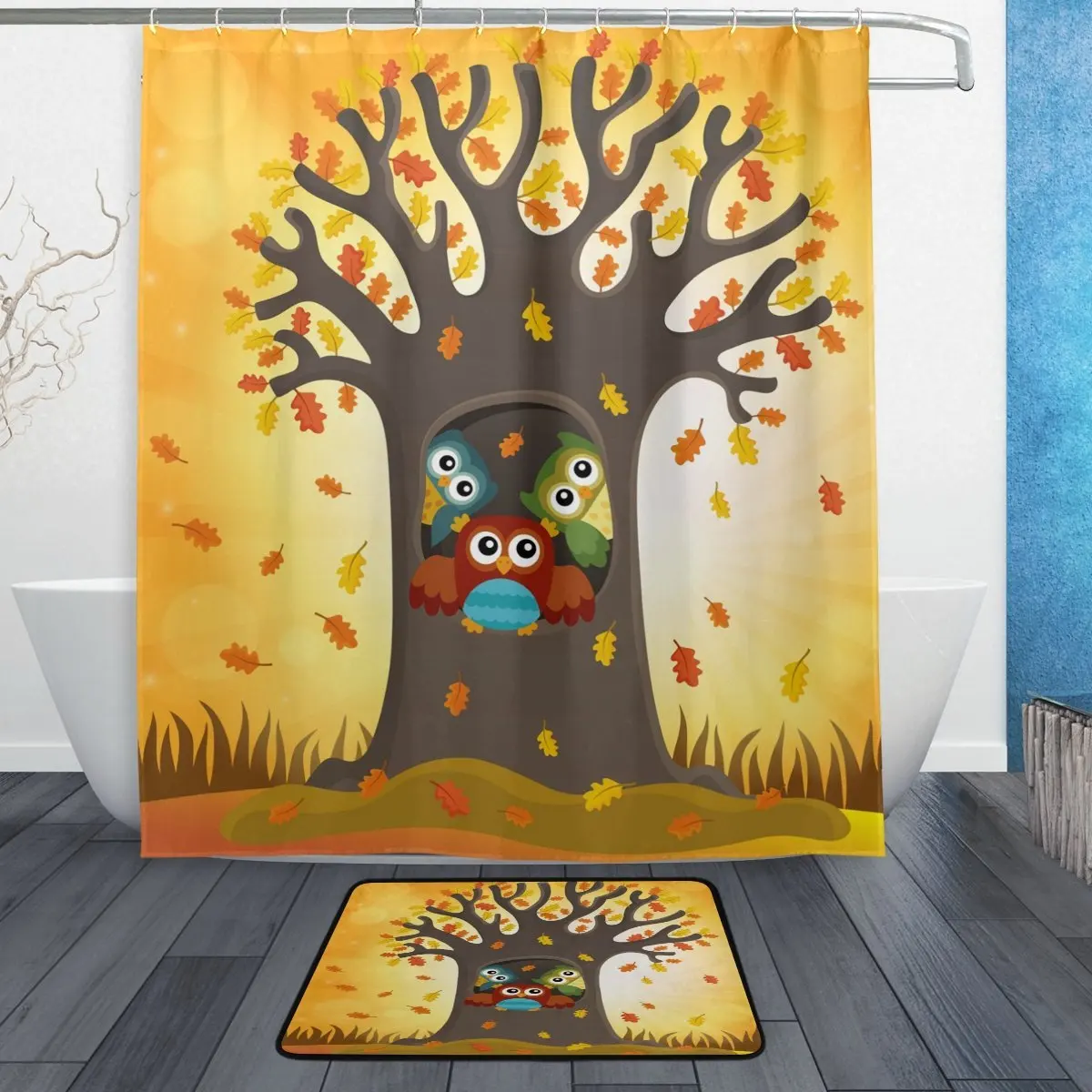 Lovely Owl in Tree Autumn Leaf Waterproof Polyester Fabric Shower Curtain with Hooks Doormat Bath Floor Mat Bathroom
Lovely Owl in Tree Autumn Leaf Waterproof Polyester Fabric Shower Curtain with Hooks Doormat Bath Floor Mat Bathroom