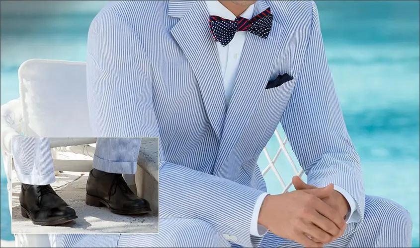 Image 2017 New arriving Fashion Casual Mens slim fit blazer Suit notch lapel with pants cuff light blue stripe seersucker suit for men