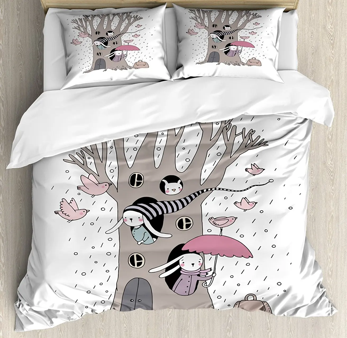 Duvet Cover Set, Bunny Family Living Inside the Hollows of a Tree Rainy Weather Flying Pink Birds, 4 Piece Bedding Set
Duvet Cover Set, Bunny Family Living Inside the Hollows of a Tree Rainy Weather Flying Pink Birds, 4 Piece Bedding Set