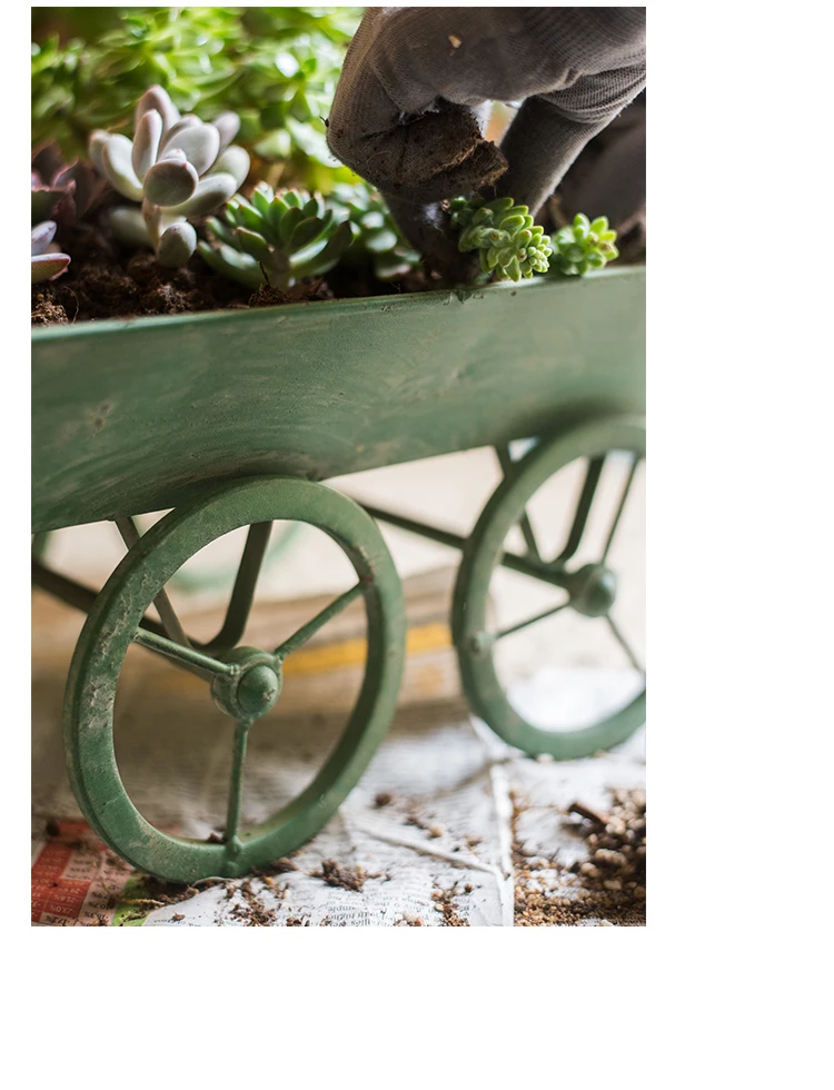 hand made antique retro green metal flower cart planters (9)