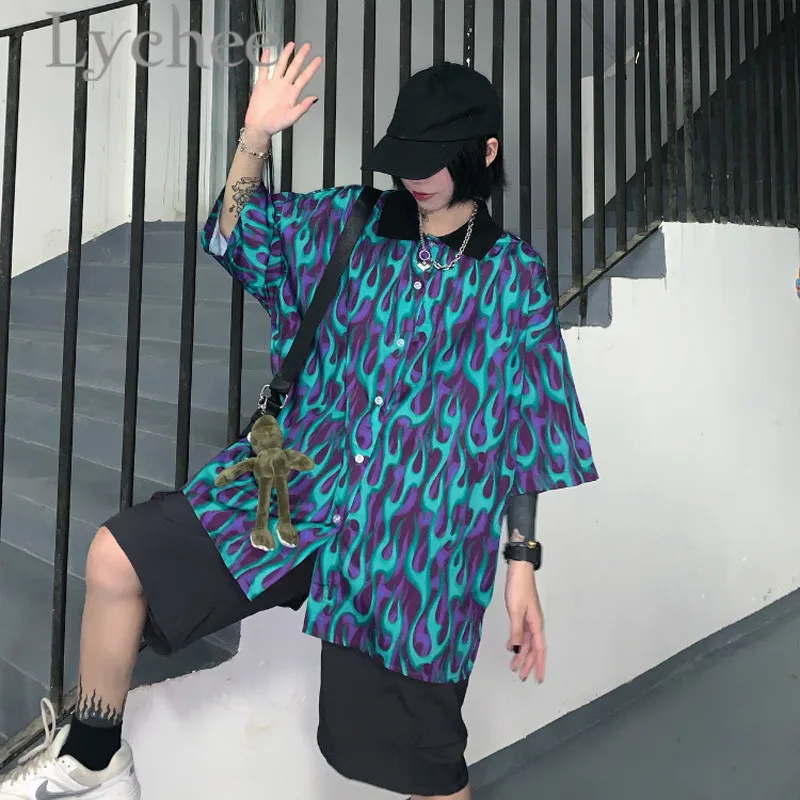Lychee Streetwear Flame Print Women Blouse Shirts Summer Short Sleeve Turn Down Collar Hit Color Loose Female Shirt Blouse
Lychee Streetwear Flame Print Women Blouse Shirts Summer Short Sleeve Turn Down Collar Hit Color Loose Female Shirt Blouse