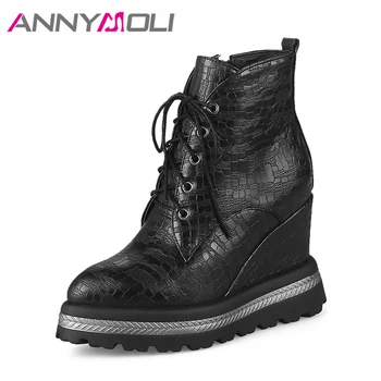 ANNYMOLI Winter Boots Women Hidden High Heels Ankle Boots Platform Wedge Heel Boots Lacing 2018 Size 34-39 Black Chaussure Femme
ANNYMOLI Winter Boots Women Hidden High Heels Ankle Boots Platform Wedge Heel Boots Lacing 2018 Size 34-39 Black Chaussure Femme
