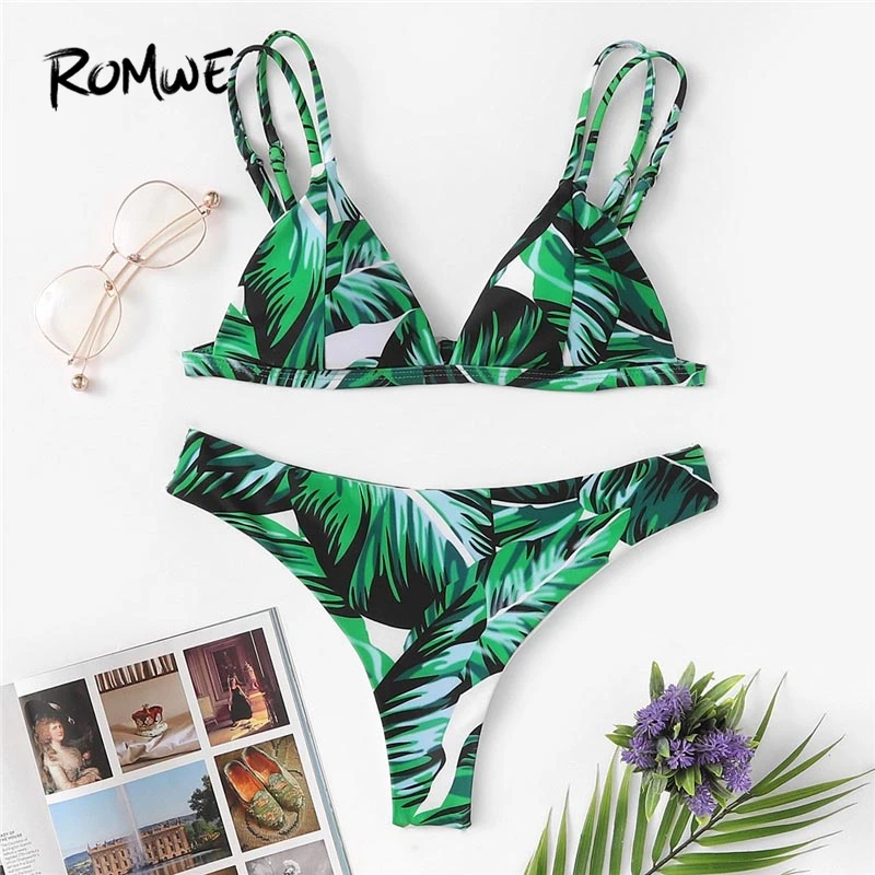 Romwe Sport Green Tropical Print Bikini Sets Women Sexy Beach Triangle Swimwear Female Wire Free Swimsuit With Chest Pad
Romwe Sport Green Tropical Print Bikini Sets Women Sexy Beach Triangle Swimwear Female Wire Free Swimsuit With Chest Pad