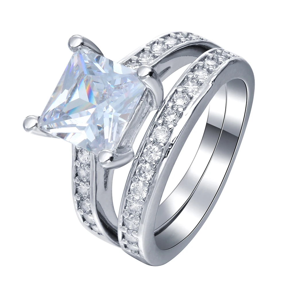 vintage silver plated promise Rings sets new fashion large square zircon jewelry gift princess Engagement Ring for women | Украшения и