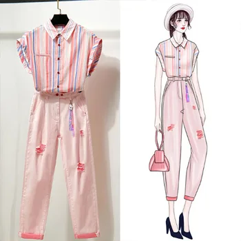 Women's Casual 2 Pieces Set Suit Kimono Loose Colorful Stripped Print Blouses Denim Capris Shorts Trousers Two Piece Suits CC173
Women's Casual 2 Pieces Set Suit Kimono Loose Colorful Stripped Print Blouses Denim Capris Shorts Trousers Two Piece Suits CC173