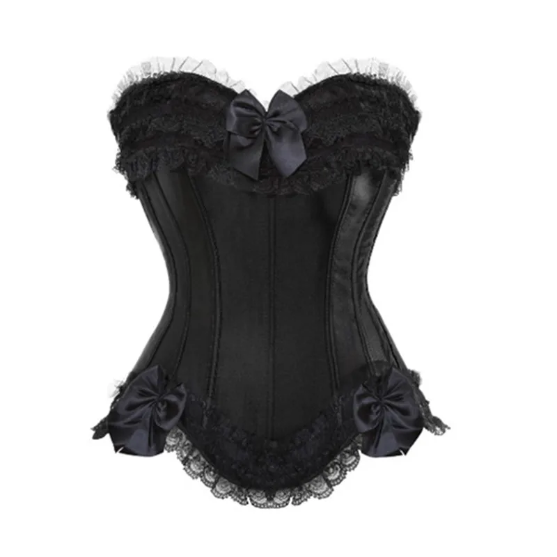 

Sexy Satin Lace overlay Overbust Corset Top Zipper Side Bowknot Decorated Clubwear Showgirl Body Shaper Plus Size S-6XL