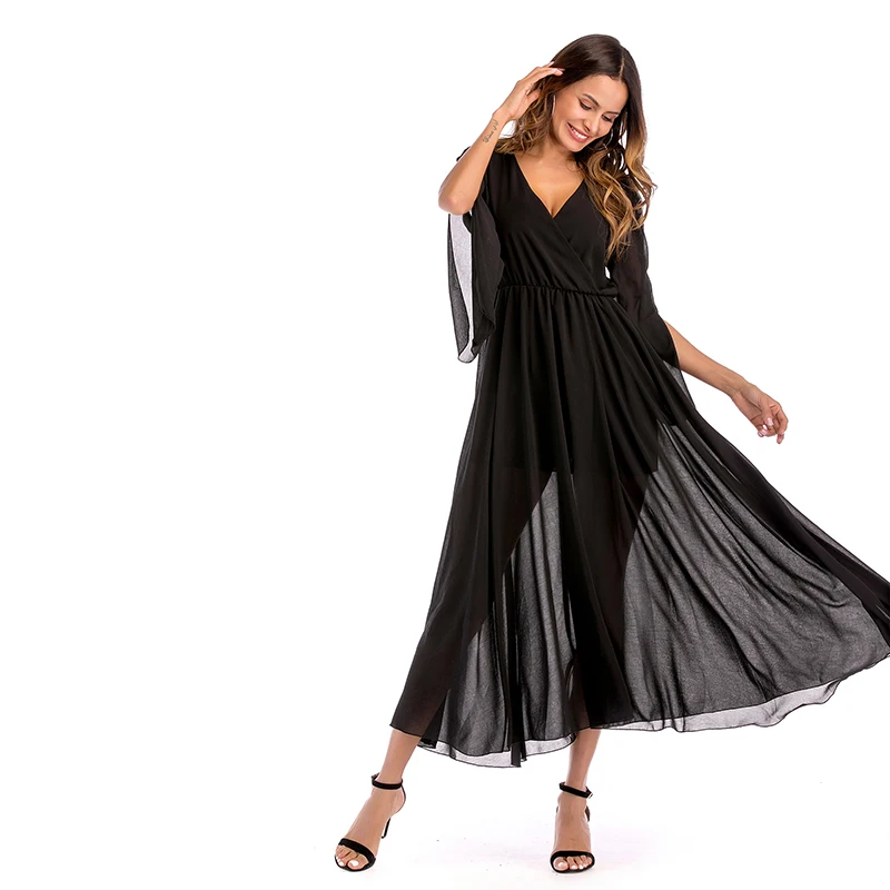 Spring women's clothing deep V-neck stitching solid color chiffon large swing dress
Spring women's clothing deep V-neck stitching solid color chiffon large swing dress
