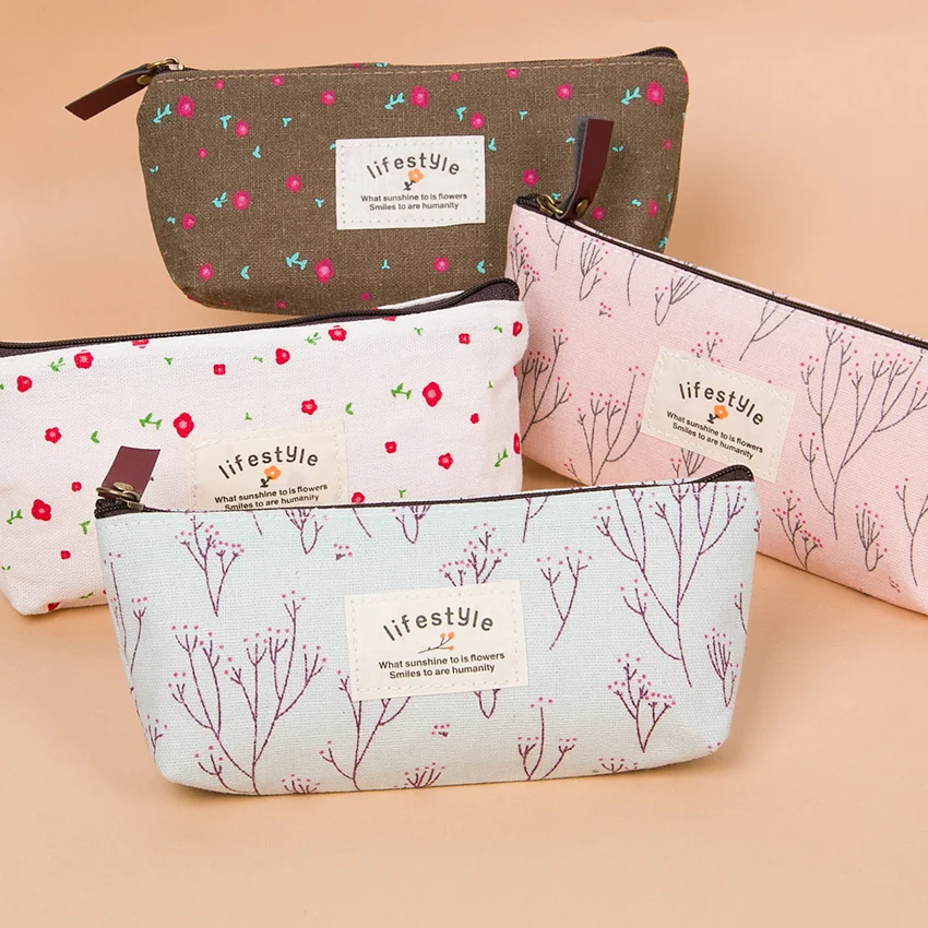 2PCS Cute Colorful Floral Flower Canvas Zipper Pencil Cases Lovely Fabric Flower Tree Pen Bags(China (Mainland))